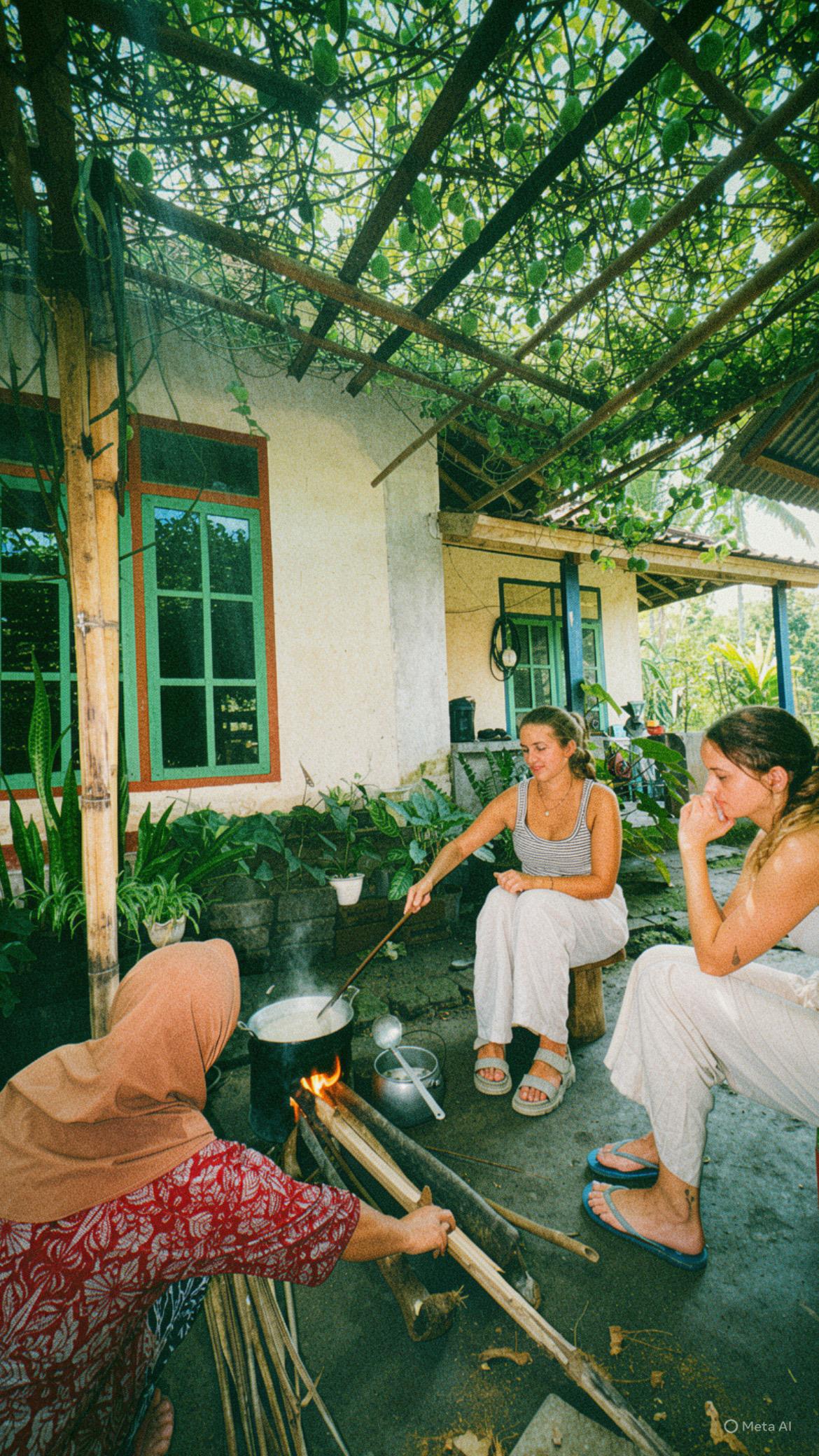 Traditional coconut oil cooking over an open fire, Tetebatu, Lombok